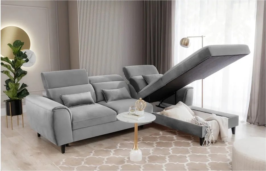 Colțar gri extensibil/cu spațiu de depozitare cu tapițerie din catifea (cu colț pe partea dreaptă/cu șezlong) Foble – ELTAP