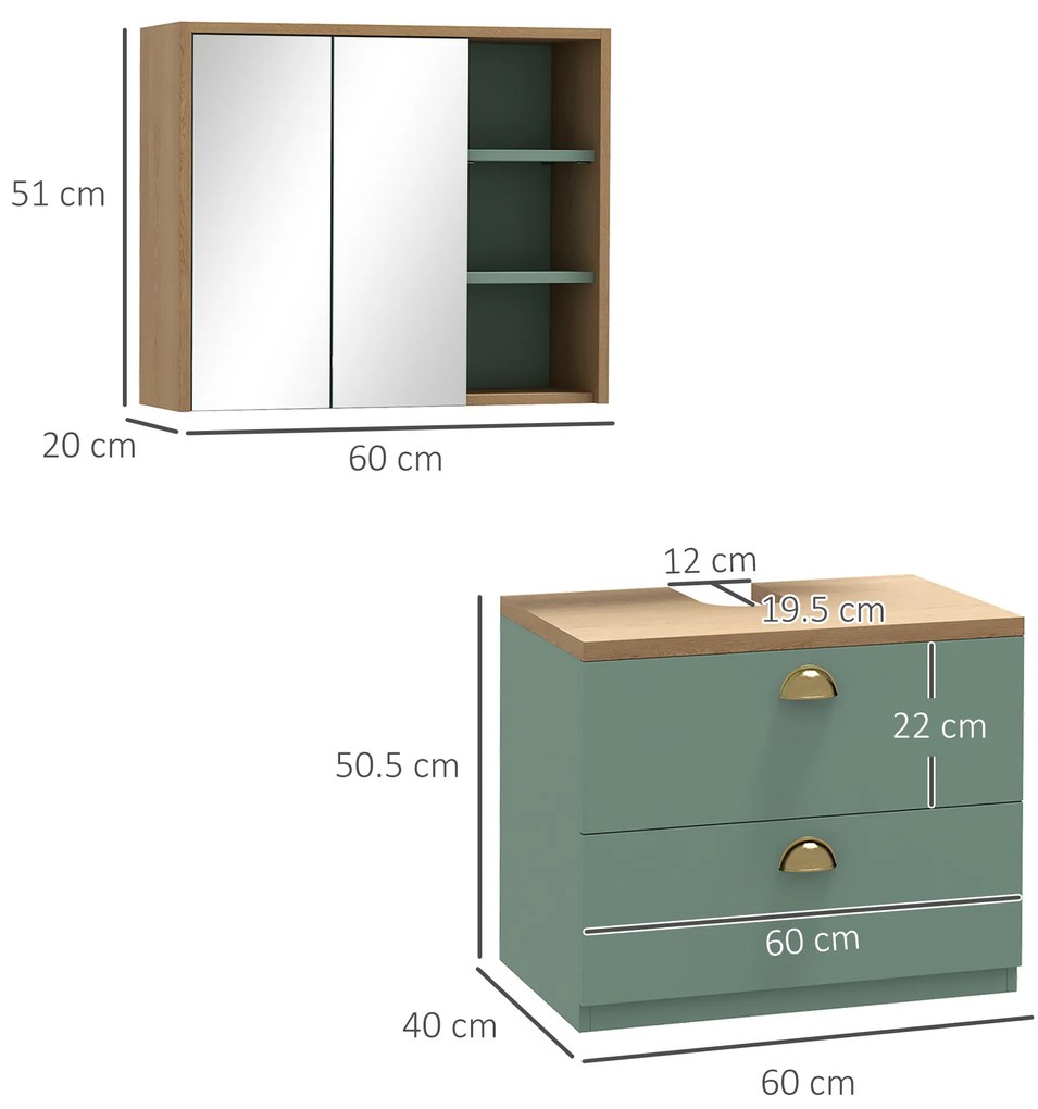kleankin Set de mobilier pentru baie cu rafturi reglabile 2 sertare design scandinav verde | Aosom Romania