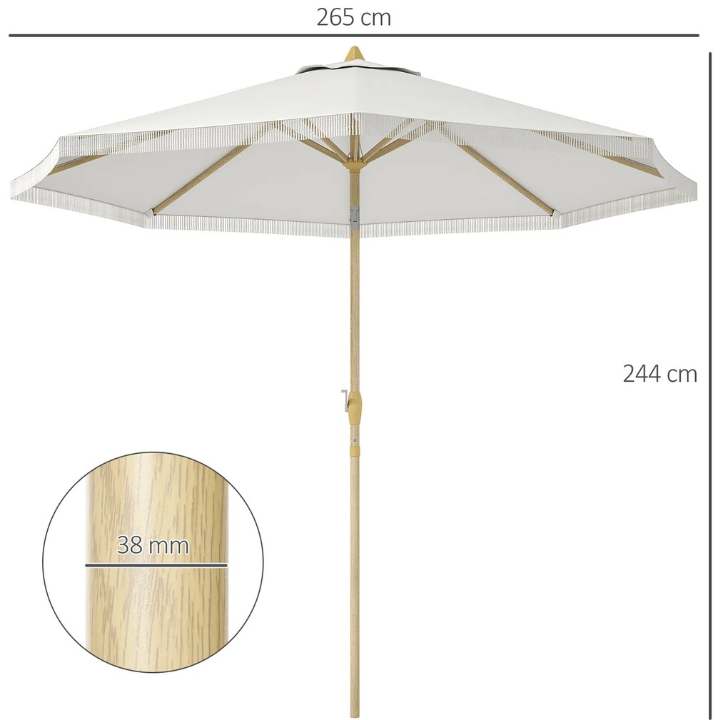 Outsunny Parasol de gradina inclinabil cu manivela si franjuri, stil boem, 8 spirote, Ø 265 x 244 cm alb | Aosom Romania