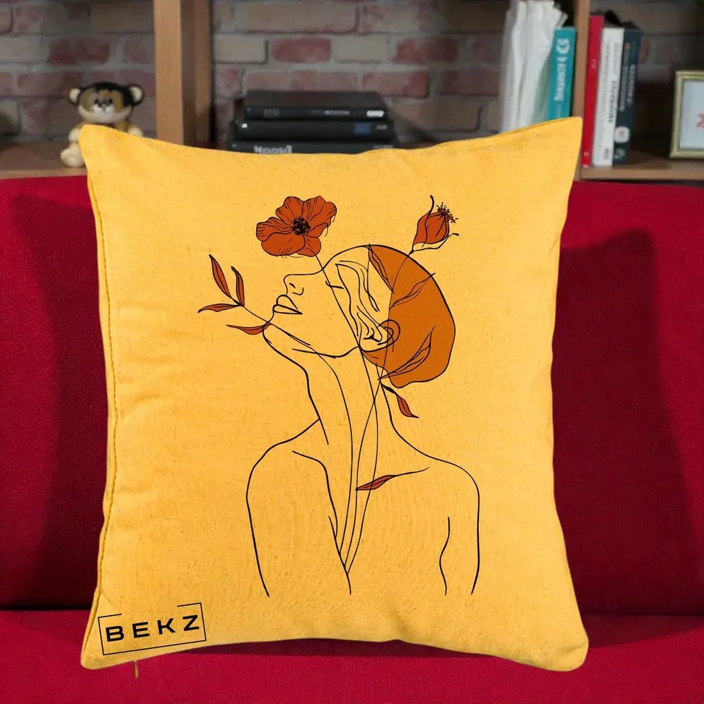Perna Decorativa Portret Feminin Mac Privire Inalta, 40x40 cm, Galben, Husa Detasabila, Perna Inclusa, BEKZ®