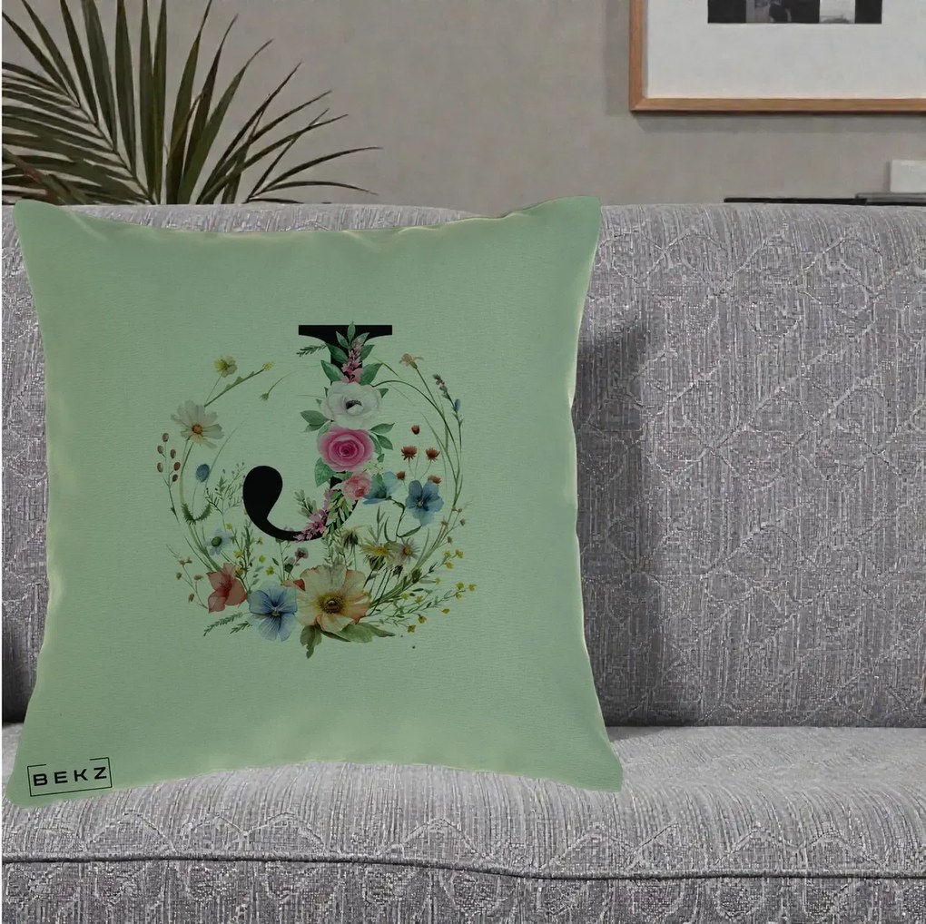 Cadou Personalizat - Perna Personalizata Monogram Litera J cu Flori Acuarela, 40x40 cm, Verde, Husa Detasabila, Perna Inclusa, BEKZ®