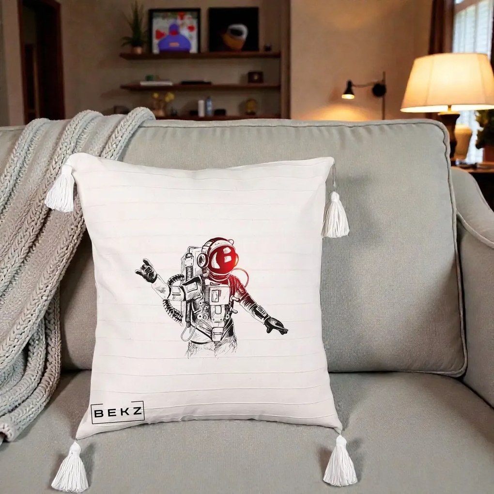 Perna Decorativa Astronaut Rock Sketching, 40x40 cm, Bej cu Franjuri, Husa Detasabila, Perna Inclusa, BEKZ®
