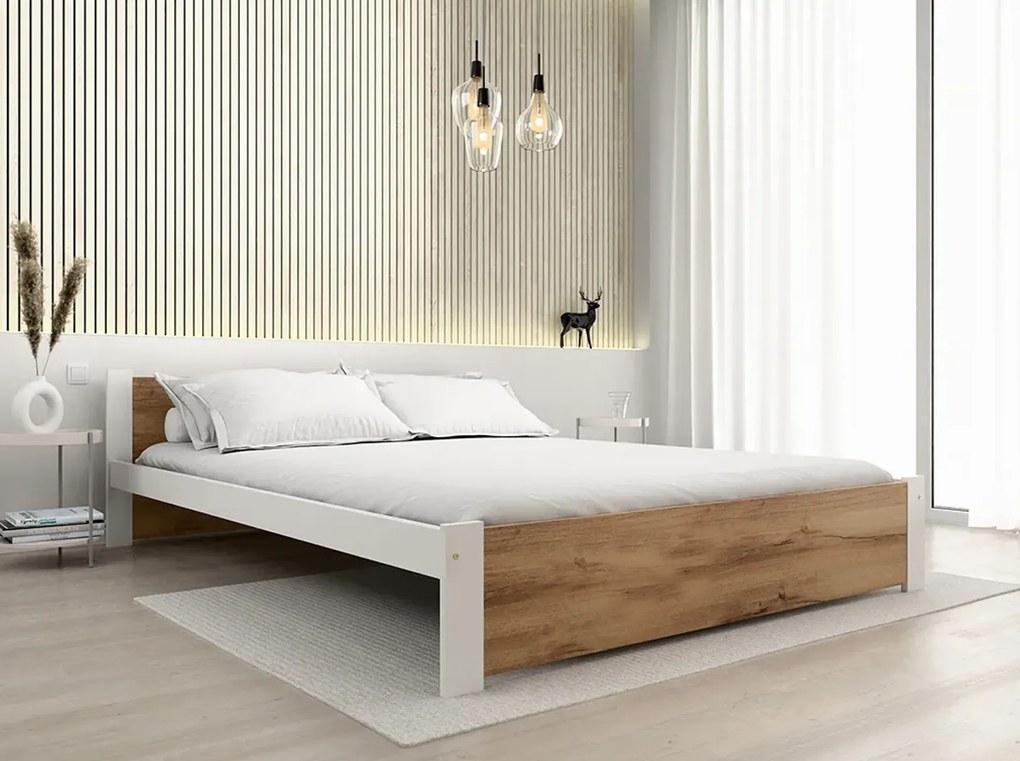 Pat dublu IKAROS 180 x 200 cm, stejar artisan/alb Saltele: Cu saltele Sommera 18 cm, Somiera pat: Cu lamele drepte