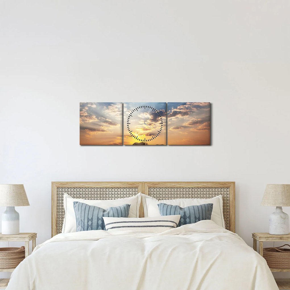 Tablou - Elefanți rătăcind în savană (cu ceas) (90x30 cm)