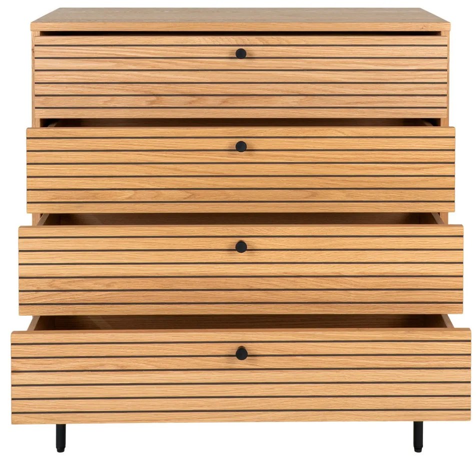 Comodă Kyoto, 4 sertare, furnir de stejar, natural, picioare din metal negru 80x40x85 cm