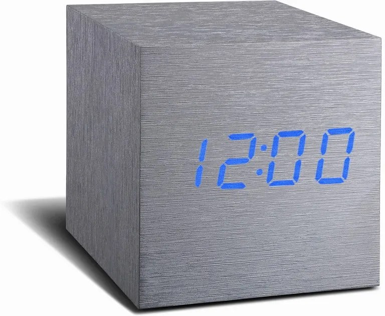 Ceas deșteptător cu LED Gingko Cube Click Clock, gri - albastru