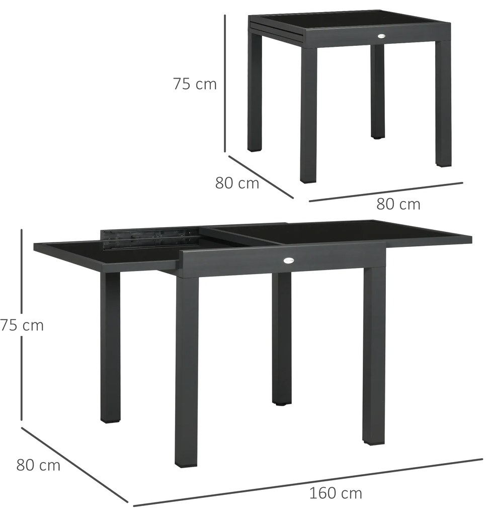 Outsunny Masă de Grădină Extensibilă cu Blat din Sticlă 80-160x80x75 cm Negru | Aosom Romania