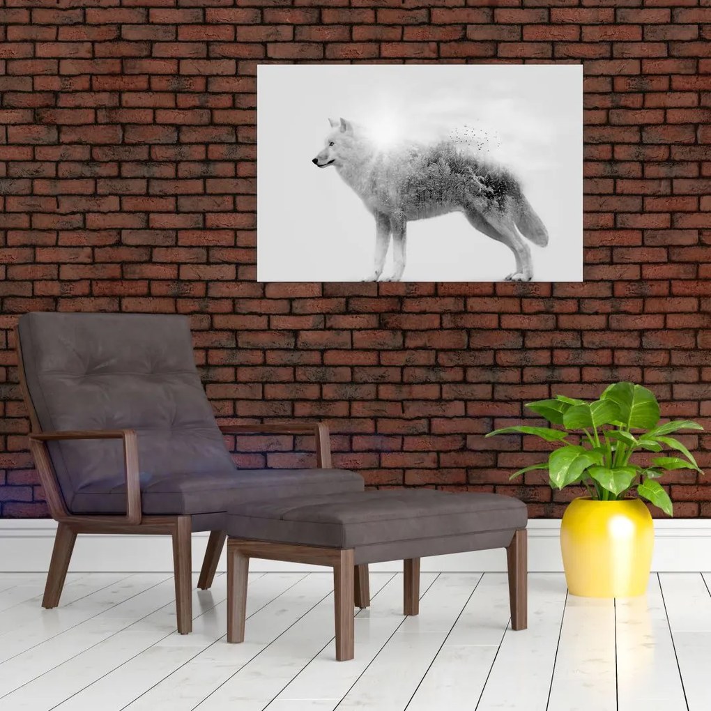 Tablou - Lupul arctic oglindit în peisajul sălbatic, alb-negru (90x60 cm)