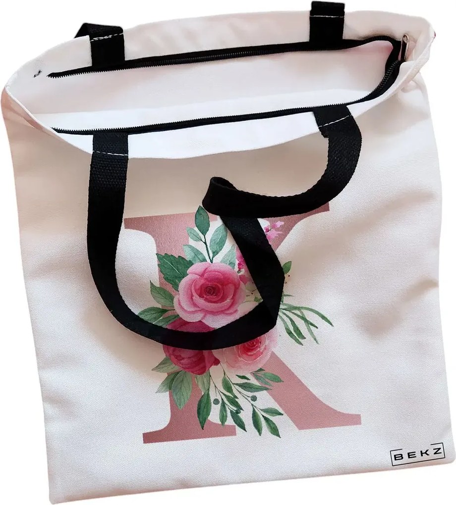 Sacosa de Panza pentru Cumparaturi, Geanta Tote, Cu litera K Rose Gold si Trandafiri, Cu fermoar, 38x34.5 cm, Alba, BEKZ®