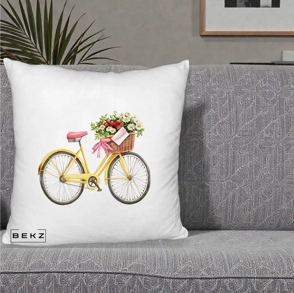 Perna Decorativa Bicicleta Galbena cu Cos de Flori Primavara, 40x40 cm, Alb Pufos, Husa Detasabila, Perna Inclusa, BEKZ®