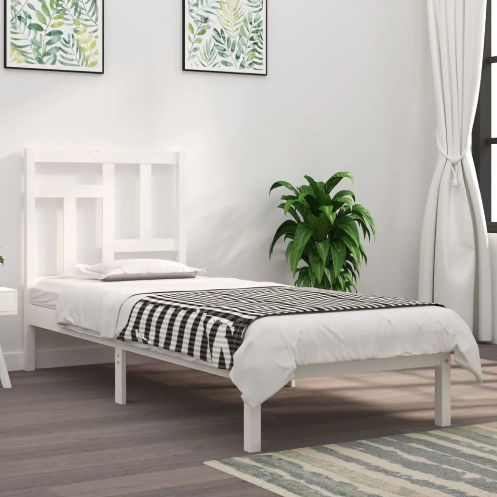 3104504 vidaXL Cadru de pat Small Single 2FT6, alb, 75x190 cm, lemn masiv