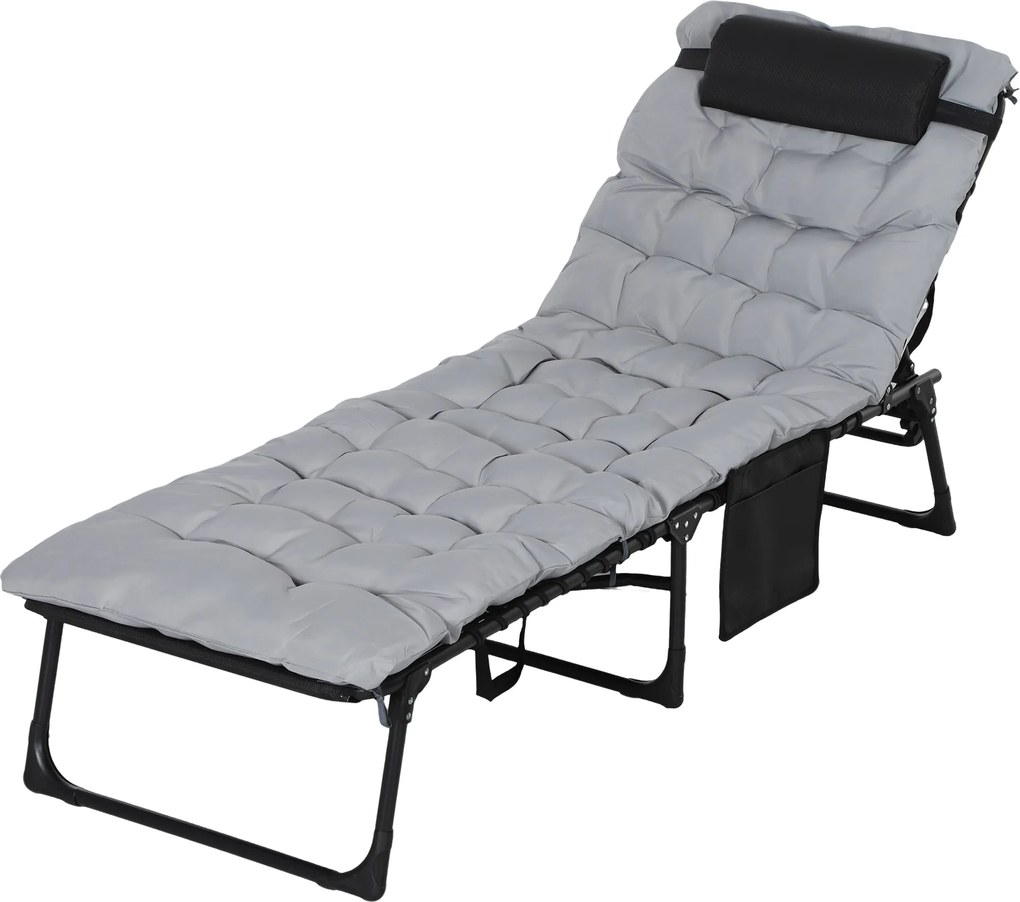 Outsunny Șezlong de Plajă Pliabil cu Spătar Reglabil, Pernă, Suport pentru Cap și Buzunar, 58x189x32.5 cm, Gri Deschis | Aosom Romania