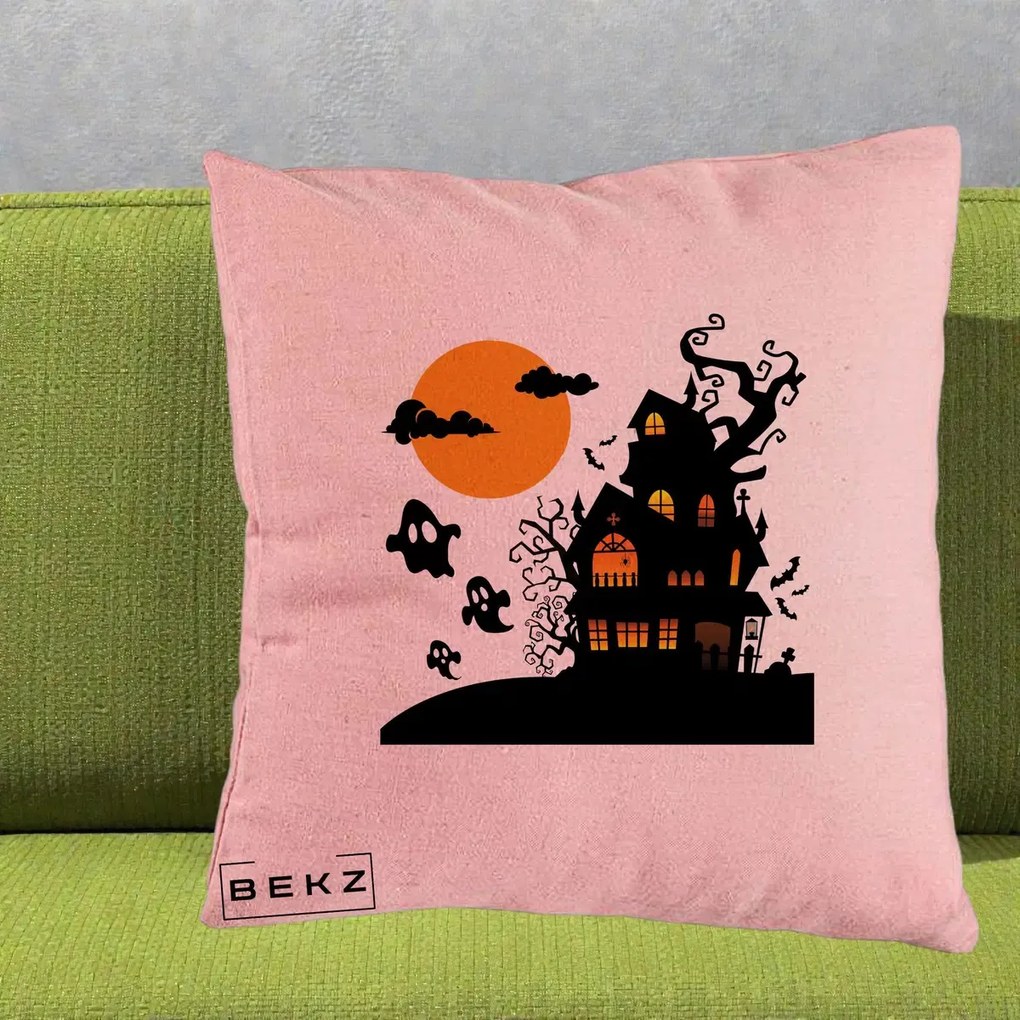 Perna Decorativa Halloween Casa Bantuita cu Fantome, 40x40 cm, Roz, Husa Detasabila, Perna Inclusa, BEKZ®