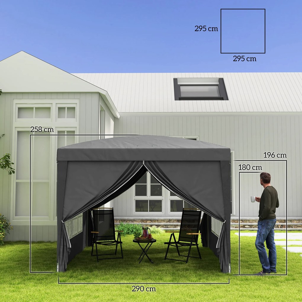 Outsunny Foișor de Grădină Impermeabil, cu Panouri Laterale Pliabile din Oțel și Acoperiș, 2,95x2,95x2,58 m, Gri | Aosom Romania