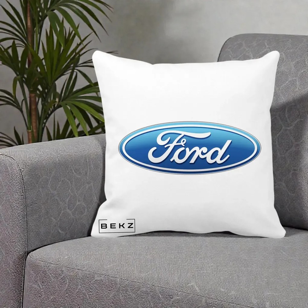 Perna Personalizata cu emblema Ford, 40x40 cm, Alba Mata, Husa Detasabila, Perna Inclusa, BEKZ®