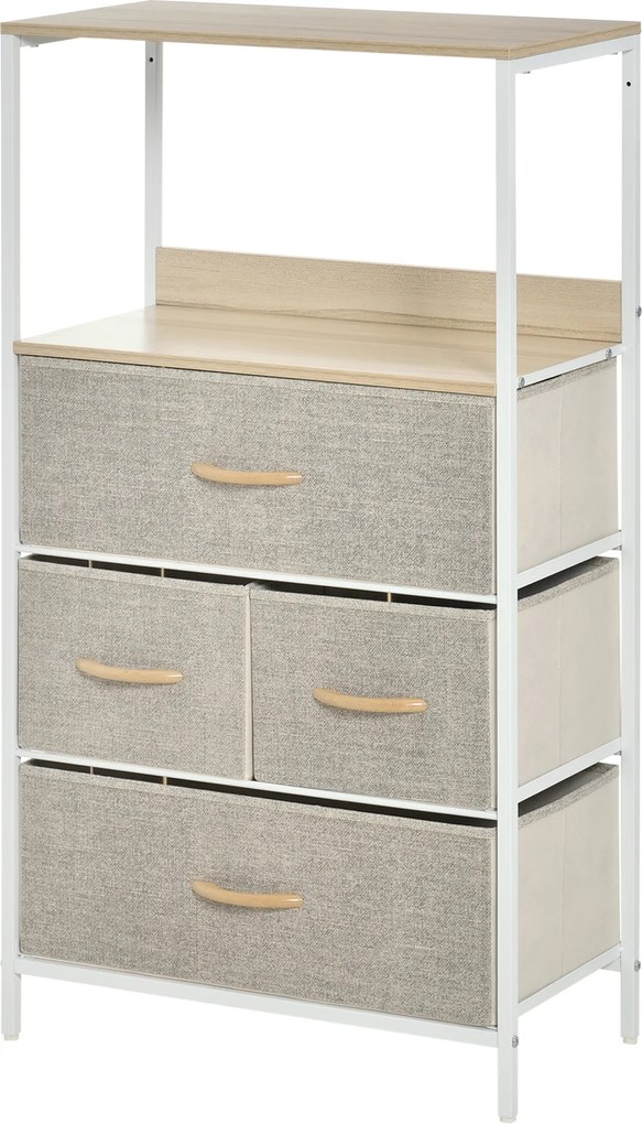 HOMCOM Comodă cameră mobilier de depozitare comodă 4 sertare din țesătură pliabile și detașabile cu rafturi deschise și cadru de metal, comodă pentru sufragerie, cameră, intrare, gri deschis | Aosom Romania