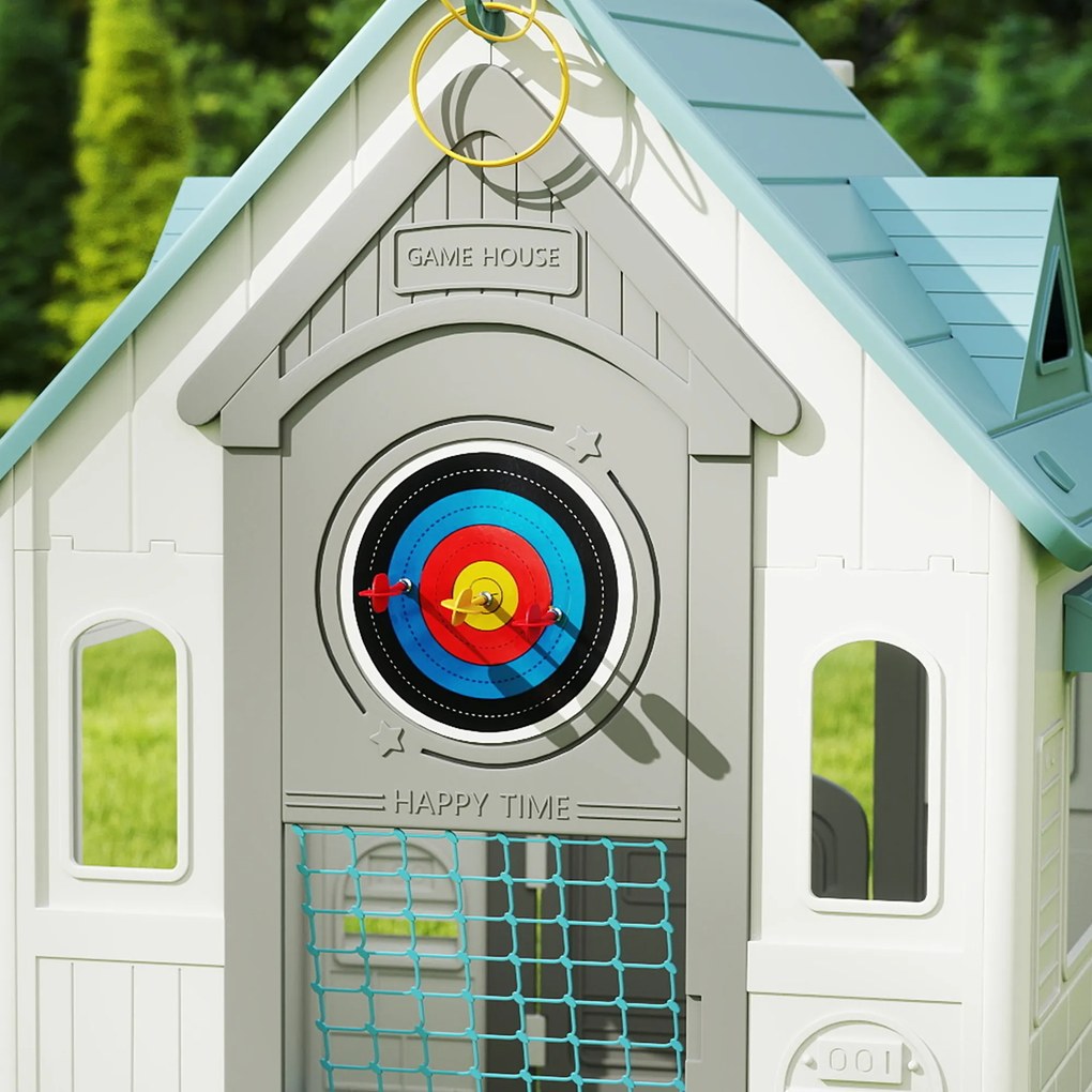 AIYAPLAY Căsuță de Joacă 5-în-1 pentru Copii, de Exterior și Interior, cu Coș de Baschet, Poartă de Fotbal, Tablă de Darts, Joc de Aruncare a Inelelor pentru Copii 2-5 Ani, Bej | Aosom Romania