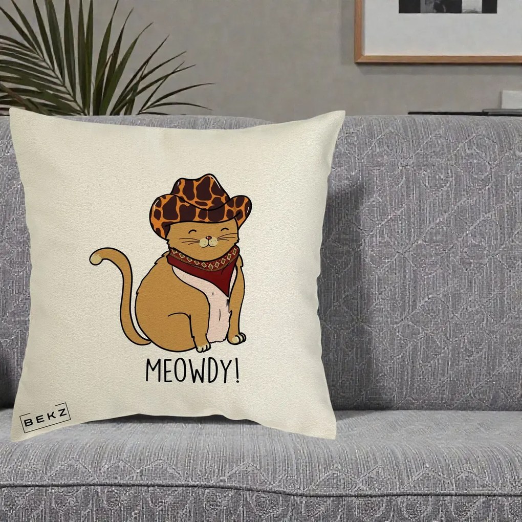 Perna Decorativa Pisica Cowboy Meowdy, 40x40 cm, Ecru, Husa Detasabila, Perna Inclusa, BEKZ®