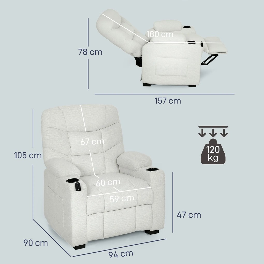 HOMCOM Fotoliu Relax Electric Reclinabil 150° cu Suport pentru Picioare, Funcție Memorie, Telecomandă, din Catifea, Crem | Aosom Romania
