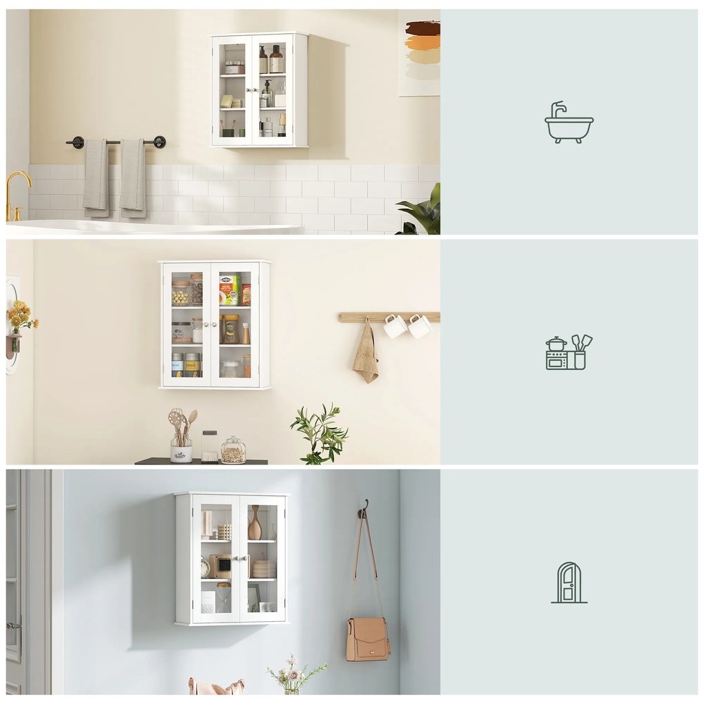 Kleankin Dulap de Baie Suspendat cu 2 Uși din Lemn și Sticlă, Dulap de Perete Multifuncțional, 55x20x65 cm, Alb | Aosom Romania