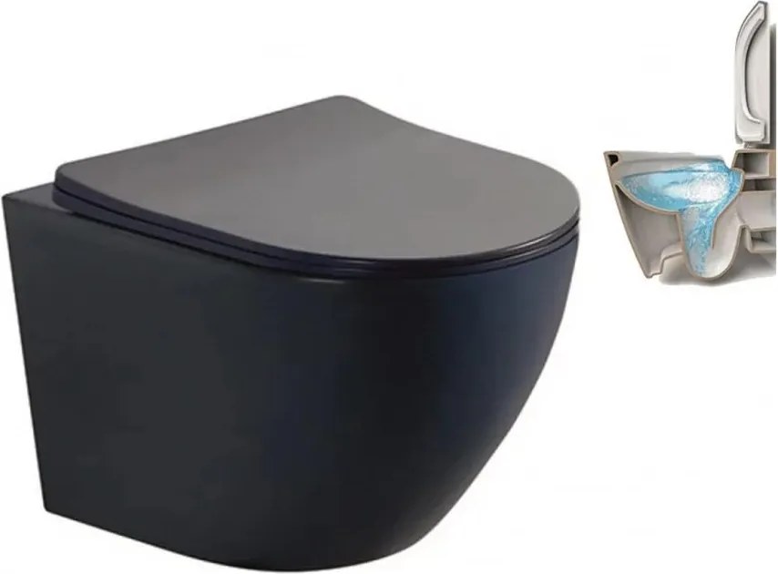 Set vas WC suspendat Inter Ceramic Tornado Rimless cu capac slim negru finisaj mat