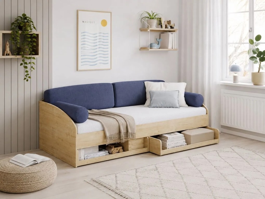 Pat cu 2 sertare si 4 perne, pentru copii Daybed Stejar, 200 x 90 cm
