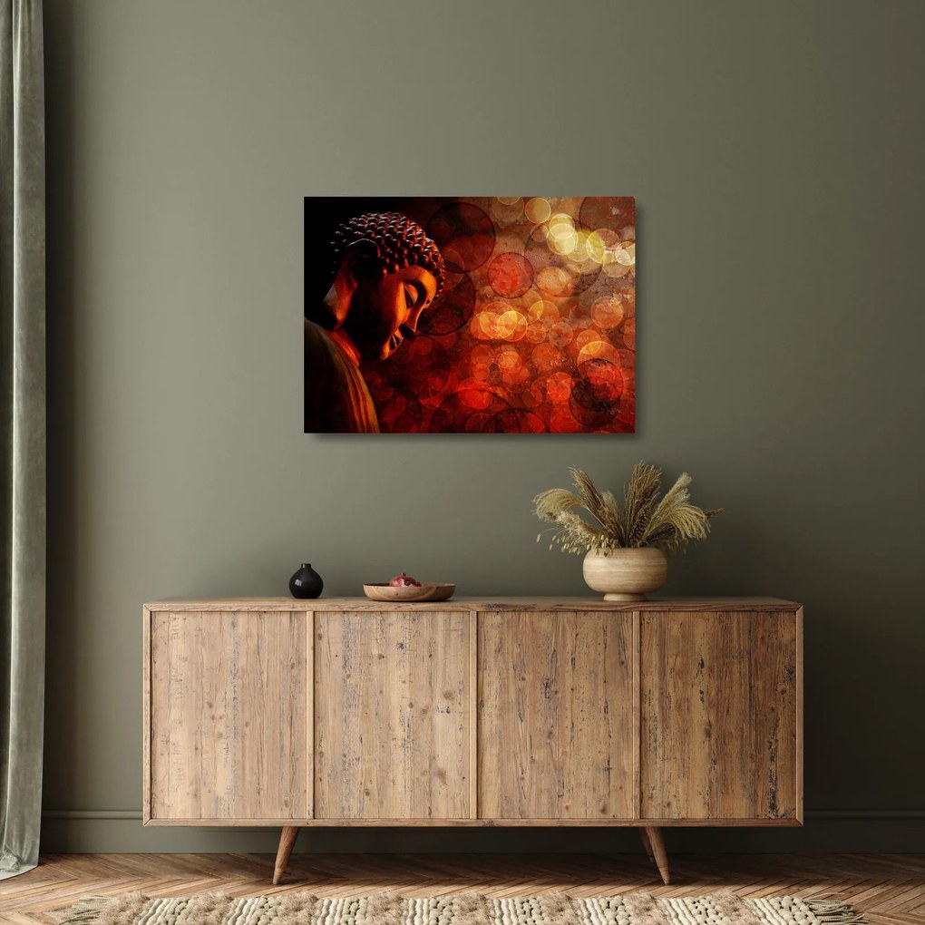Tablou pe sticlă - Buddha în nuanțe roșii (70x50 cm)