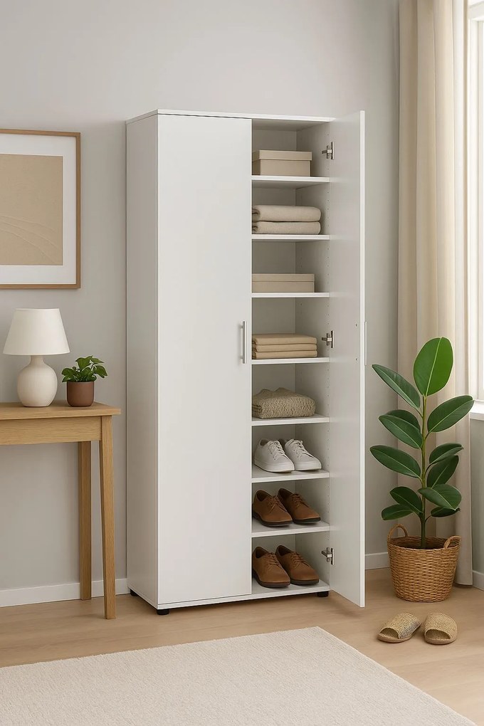 Dulap Multifunctional Adore Porto, 2 usi, 8 rafturi, Alb, 76 x 187 x 36 cm