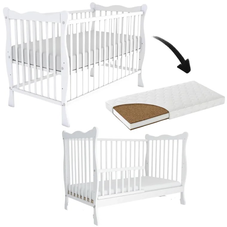 Patut din lemn masiv cu bariera 120x60 cm Kidizi Isla alb si saltea cocos LUX 120x60x9 cm,reglabil pe 3 nivele, certificat EN71