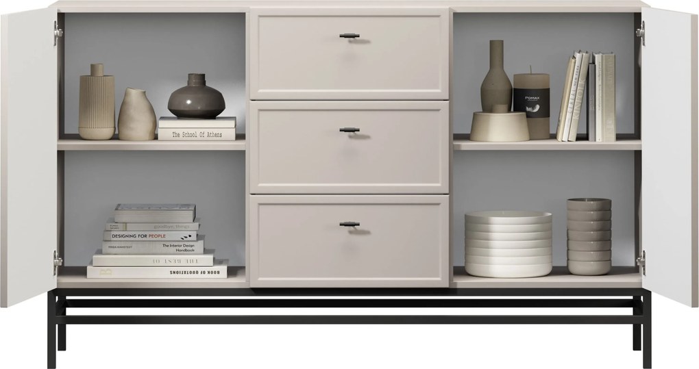 Comodă Lorini 150 cm cu sertare - cașmir / mânere negre T-bar / cadru