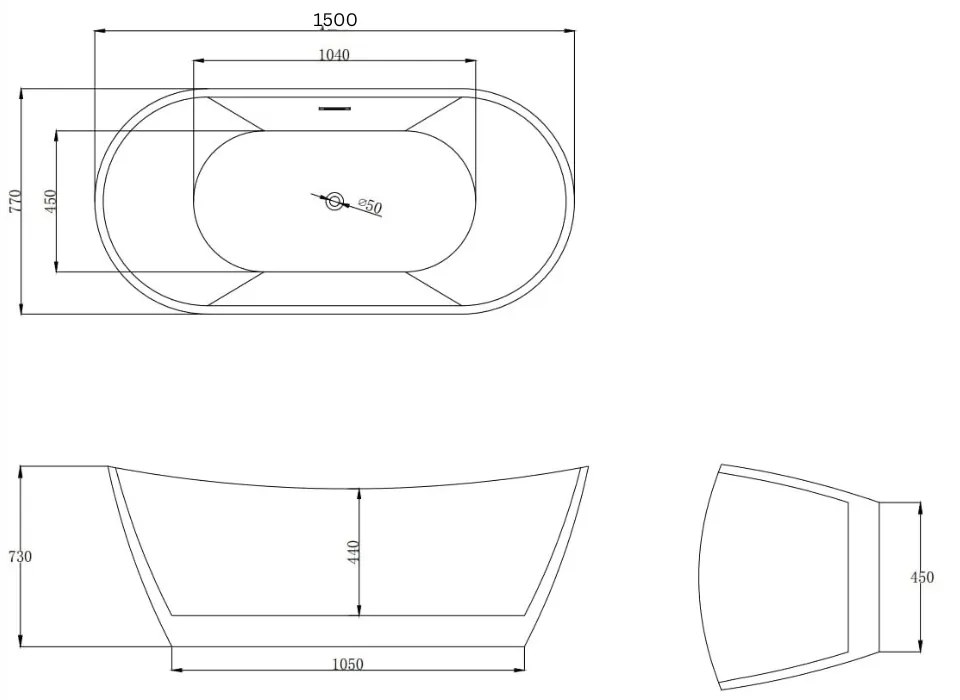 Cada baie freestanding slim 150 x 77 cm, ovala cu preaplin, Bella Foglia 1500x770 mm