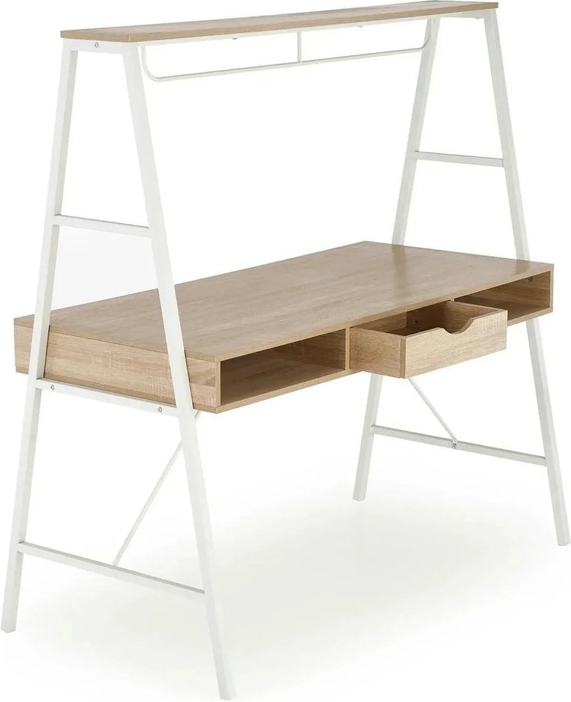 Birou B48, stejar sonoma/alb, furnir melaminat/metal, 139x60x140 cm