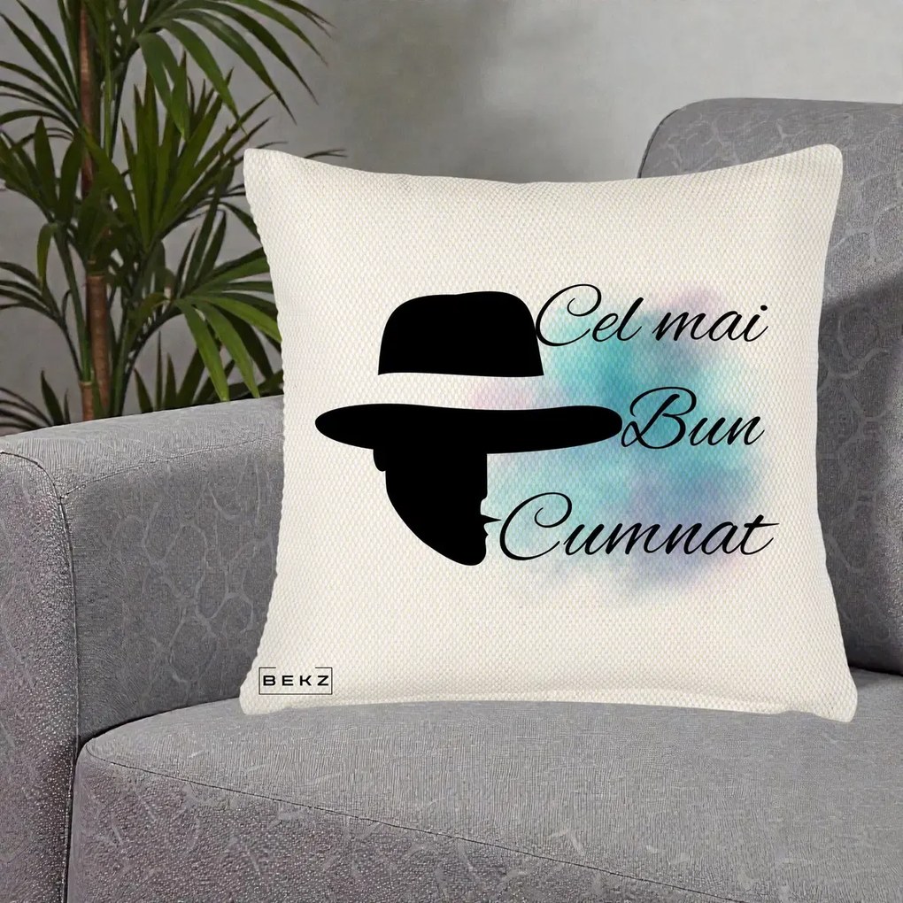 Cadou pentru Cumnat - Perna Personalizata Cel mai Bun Cumnat cu Silueta Palarie si Pete Teal-Roz, 40x40 cm, Crem Reliefat, Husa Detasabila, Perna Inclusa, BEKZ®
