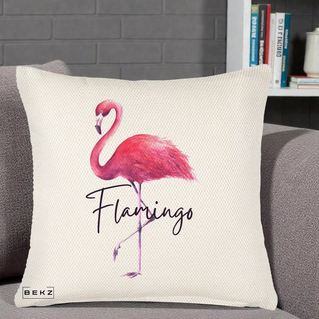 Perna Decorativa Flamingo Acuarela, 40x40 cm, Crem Reliefat, Husa Detasabila, Perna Inclusa, BEKZ®