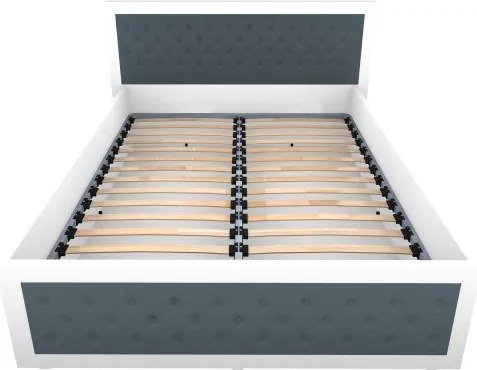 Pat Torino 140x200 cm cu somiera metalica rabatabila si lada, Alb / Piele ecologica gri