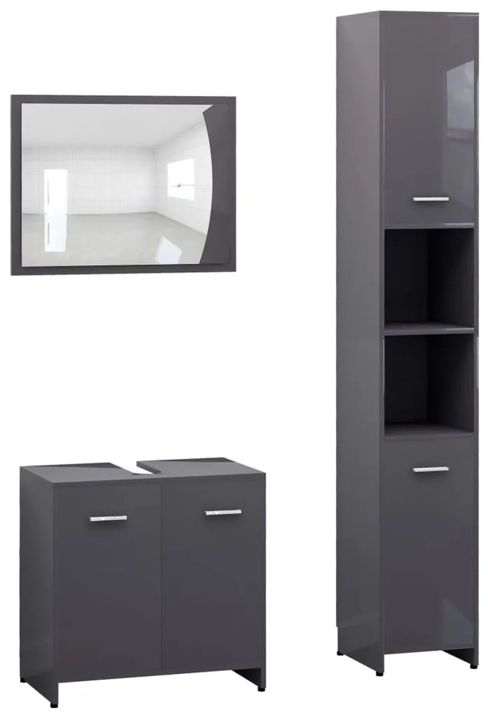 Set mobilier de baie, 3 piese, gri extralucios, PAL gri foarte lucios, 1