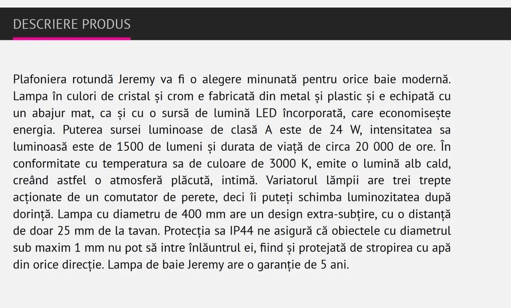 Plafoniera LED pentru baie IP44 40cm Jeremy 5208 RX