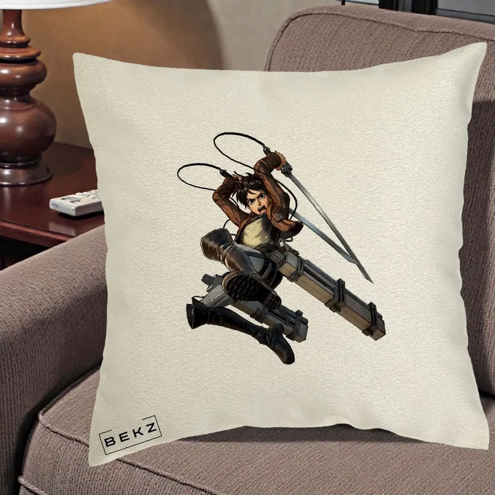 Perna Personalizata Attack on Titan Eren Yeager Lupta, 40x40 cm, Ecru, Husa Detasabila, Perna Inclusa, BEKZ®