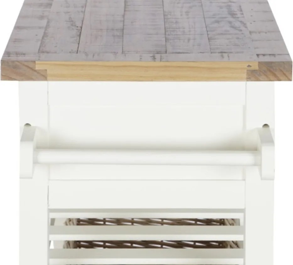 Consolă hol shabby chic din lemn de paulownia, alb, cu 2 sertare, raft pentru sticle, raft jos și blat gri, 80,5 x 88 x 38 cm, „Vinara”