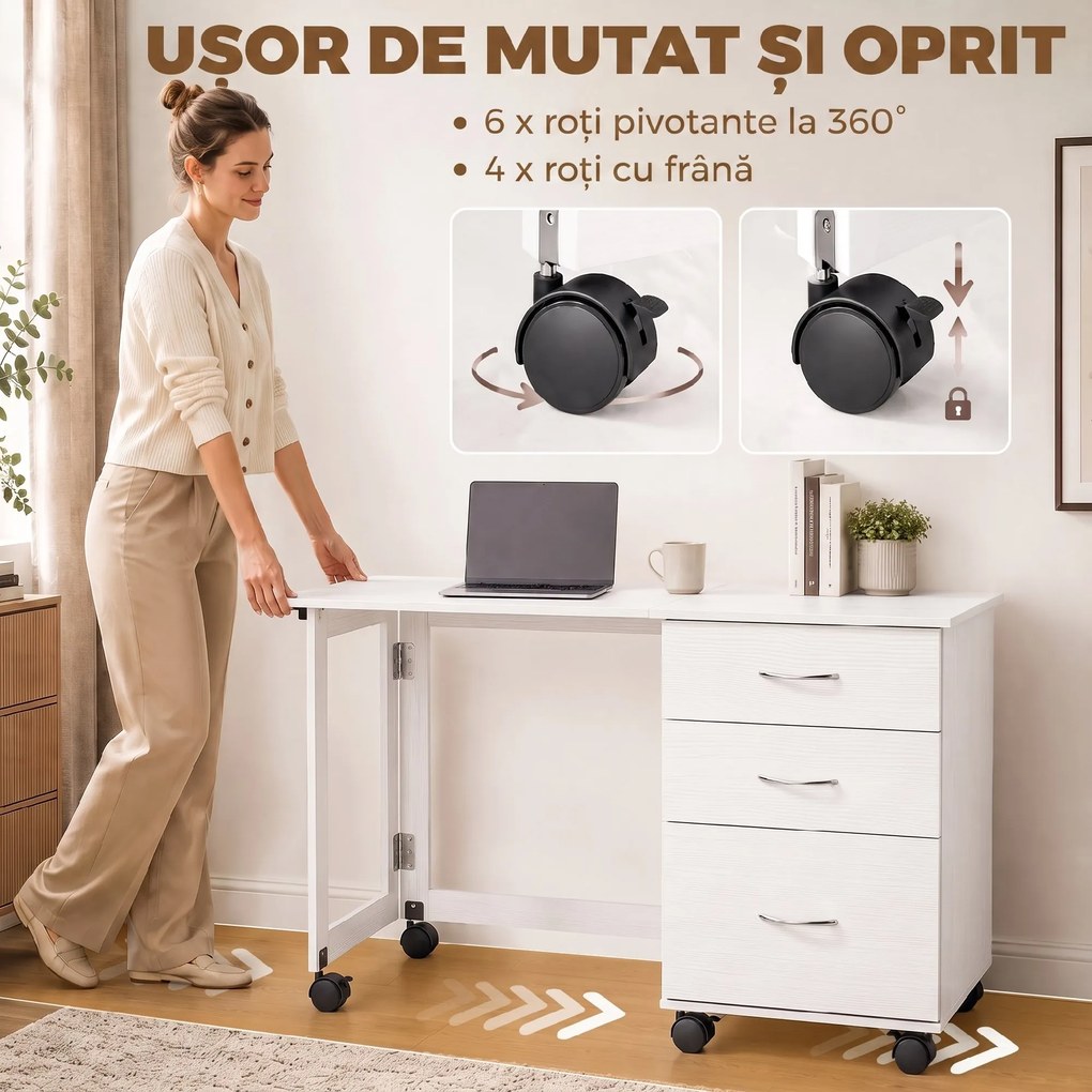 HOMCOM Birou Calculator Pliabil Con 3 Sertare, Alb Effetto Lemn | Aosom Romania