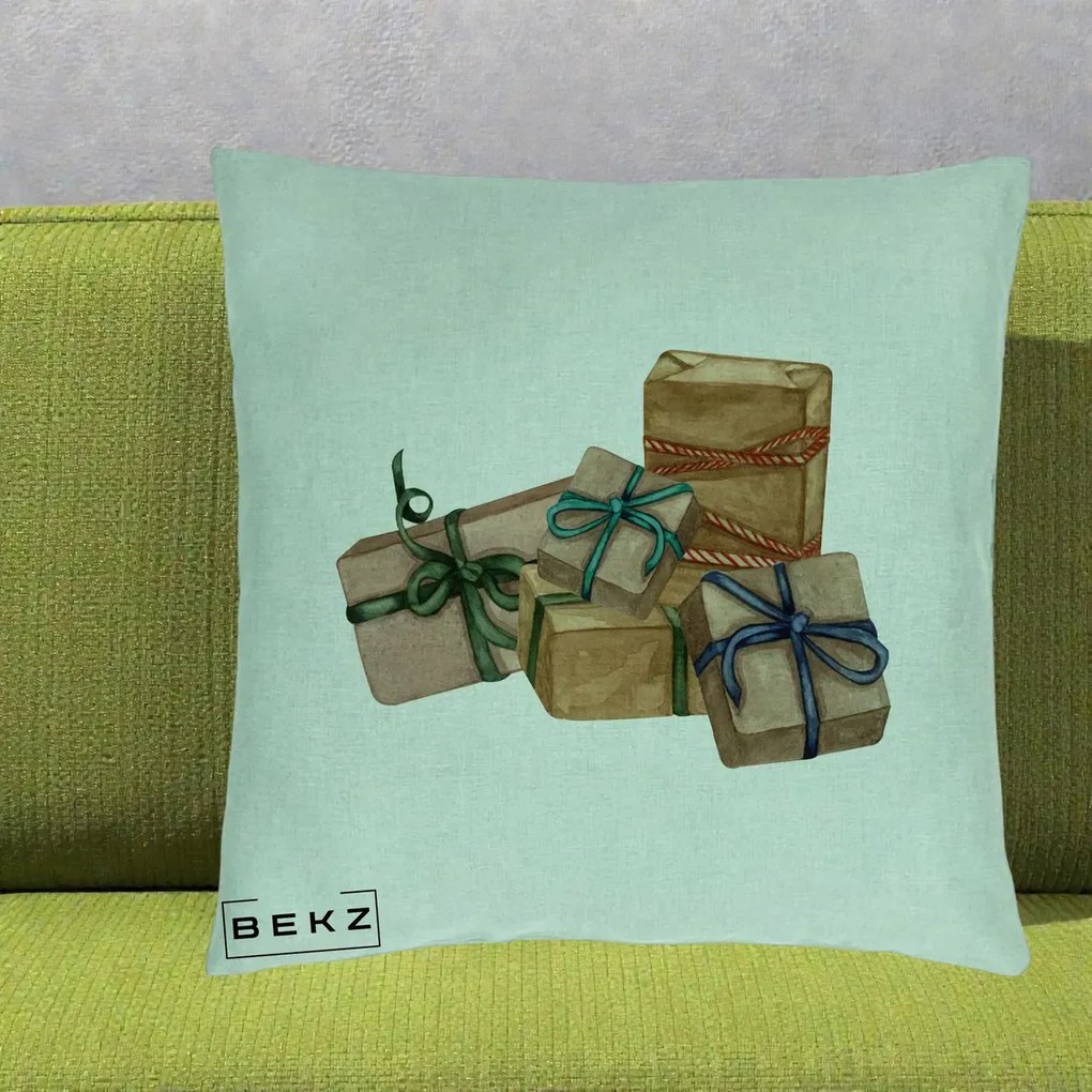 Perna Decorativa Cadouri de Craciun Kraft, 40x40 cm, Verde Menta, Husa Detasabila, Perna Inclusa, BEKZ®