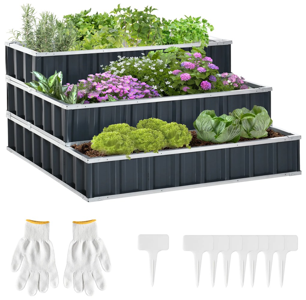 Outsunny Jardinieră în 3 Niveluri Modulare cu Fund Deschis, Jardinieră pentru Legume cu Mănuși Incluse, 118x118x62 cm, Gri | Aosom Romania