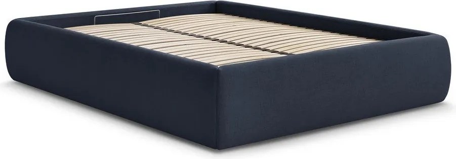 Pat matrimonial albastru închis tapițat cu spațiu de depozitare/fără tăblie cu somieră 160x200 cm Inera – Bobochic Paris