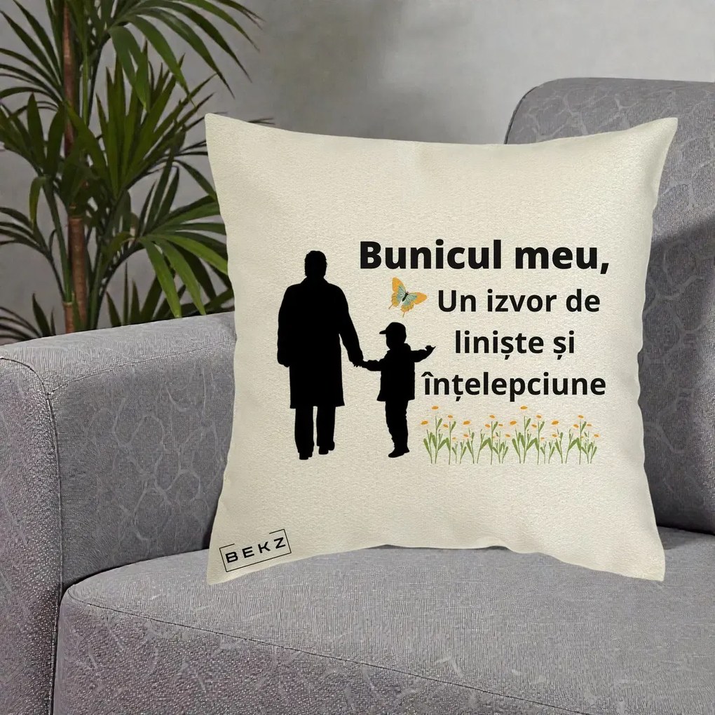 Cadou pentru Bunic - Perna Personalizata Bunicul Meu Izvor de Liniste cu Fluture si Baietel, 40x40 cm, Ecru, Husa Detasabila, Perna Inclusa, BEKZ®