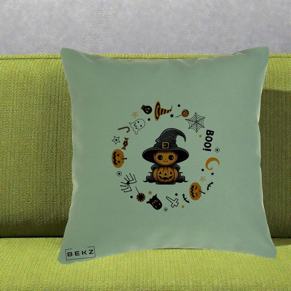 Perna Decorativa Halloween Dovleac Vrajitor Boo cu Simboluri, 40x40 cm, Verde, Husa Detasabila, Perna Inclusa, BEKZ®