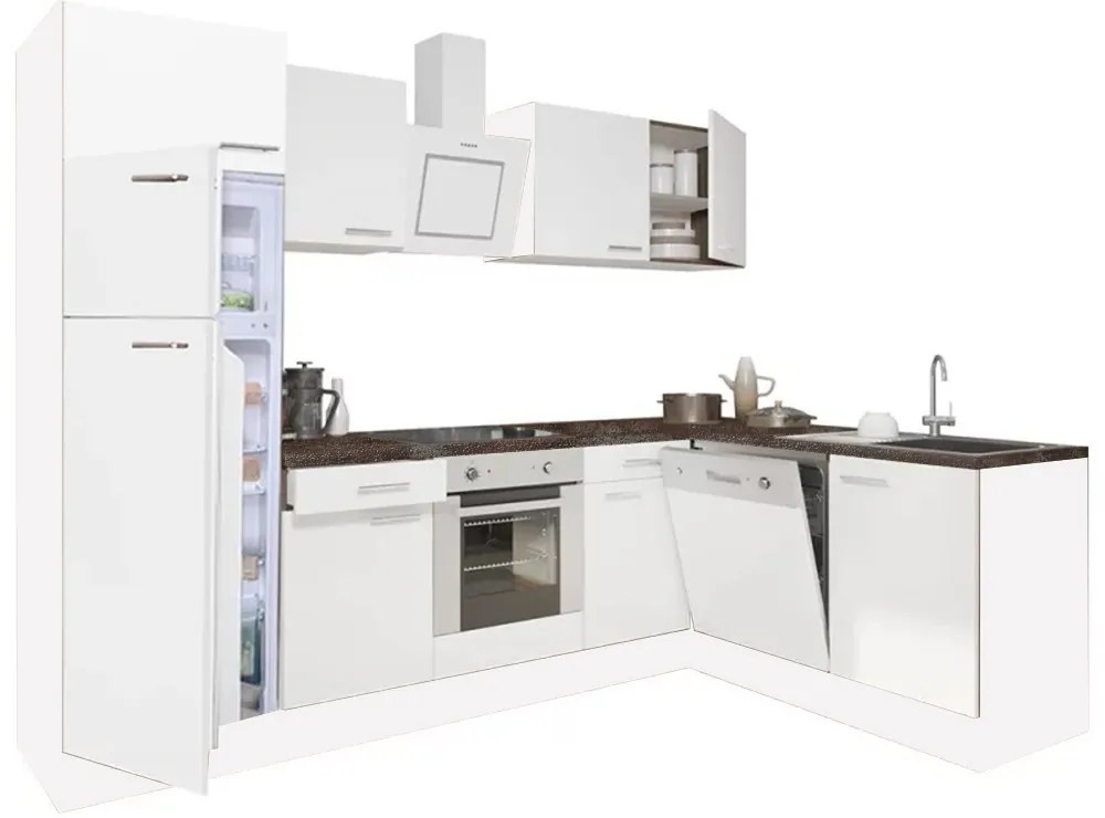 Dulap de bucătărie de colț Yorki 280, corp alb, față alb satinat, element cuptor inferior, frigider congelator superior