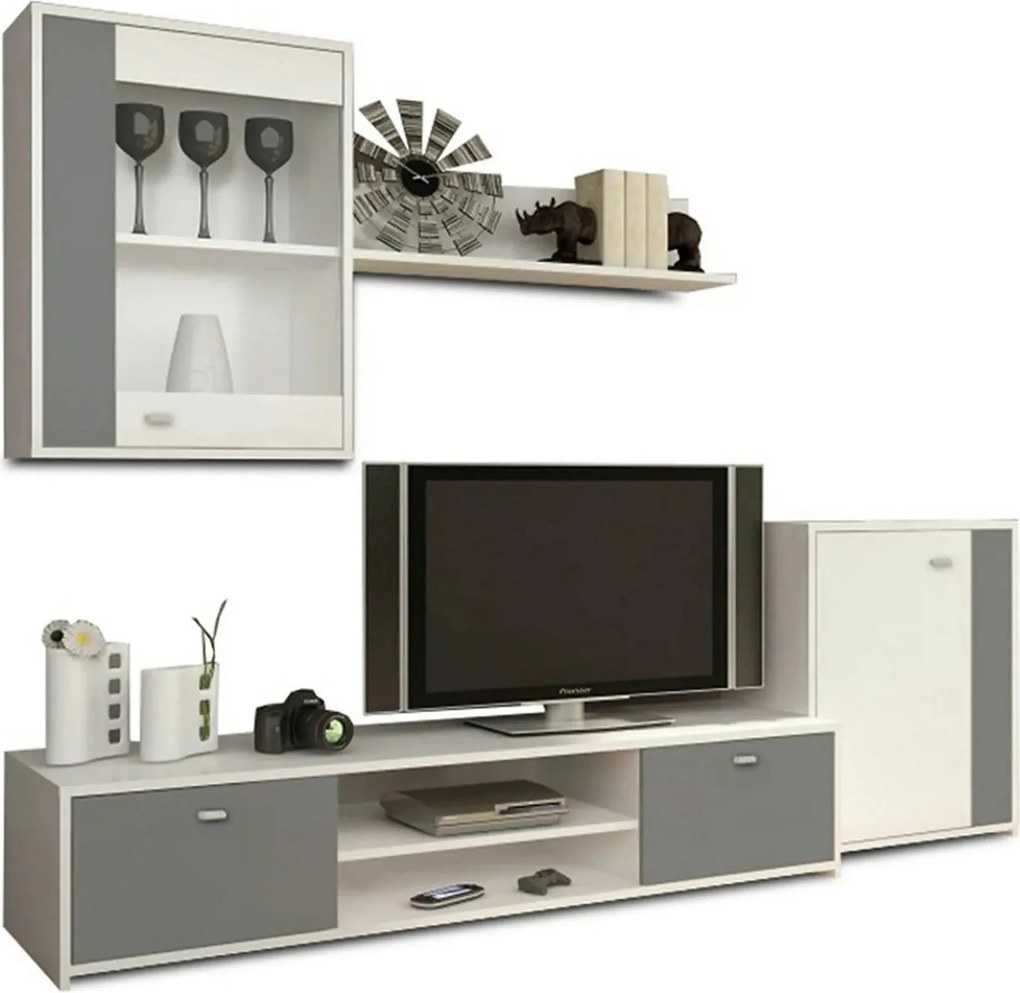 Mobilier living GENTA, PAL melaminat, alb/gri, 4 piese, 210x42x180 cm