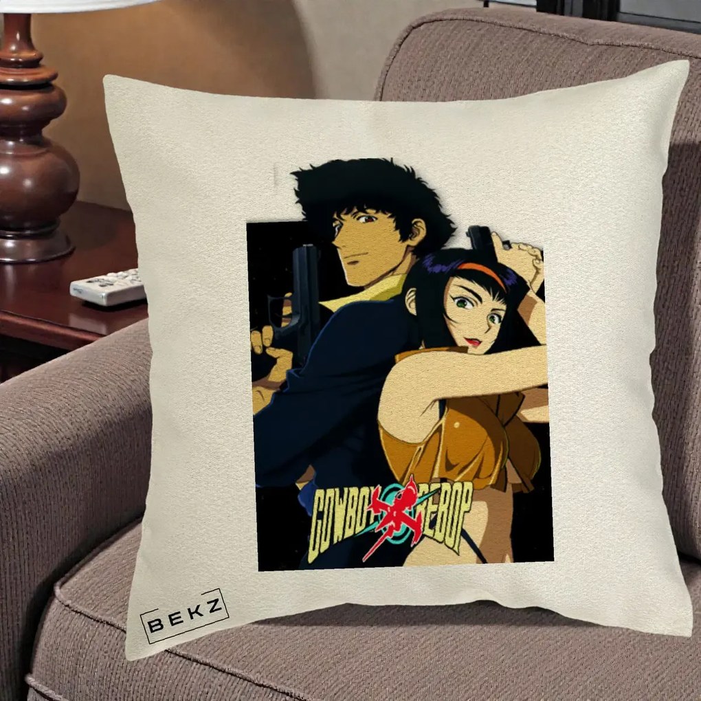 Perna Personalizata Cowboy Bebop Spike si Faye Poster, 40x40 cm, Ecru, Husa Detasabila, Perna Inclusa, BEKZ®