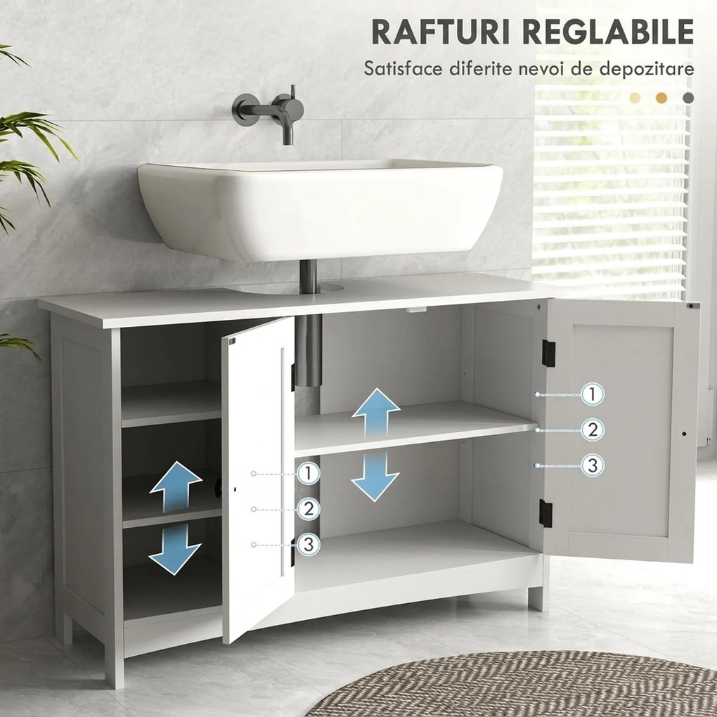 kleankin Dulap Rustic pentru Chiuveta din Baie, Dulap de Depozitare pentru sub Chiuveta cu Usi Duble si Rafturi, Alb