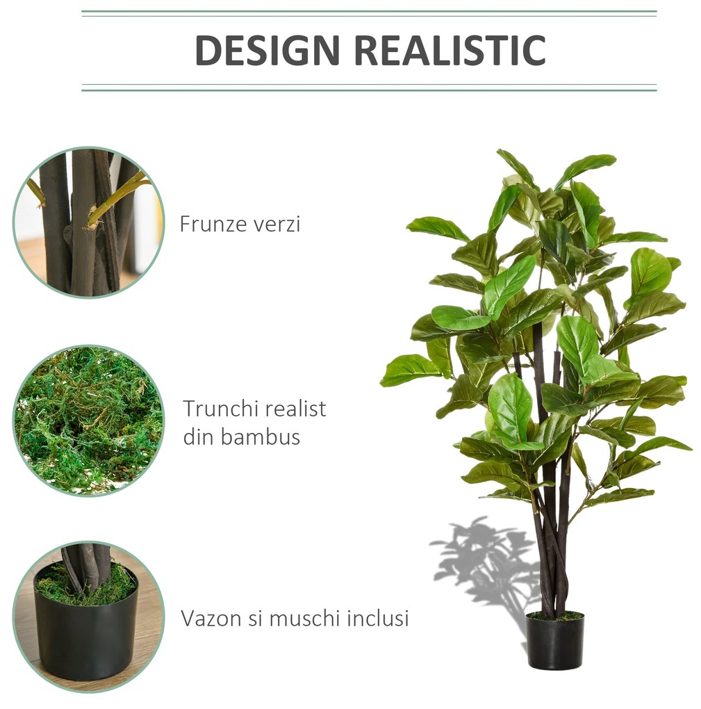 Ficus Artificial 130cm de Interior si Exterior, Planta Artificiala cu efect Realist cu 78 de Frunze HOMCOM | Aosom Romania